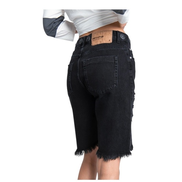 One Teaspoon Truckers Mid Waist Long-Length Relaxed Denim Shorts - Black, Size 4 - Picture 2 of 12